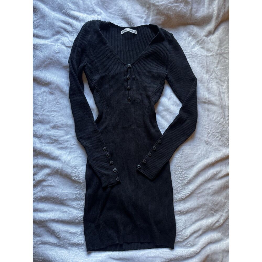 Abercrombie Black Ribbed Knit Henley Mini Dress